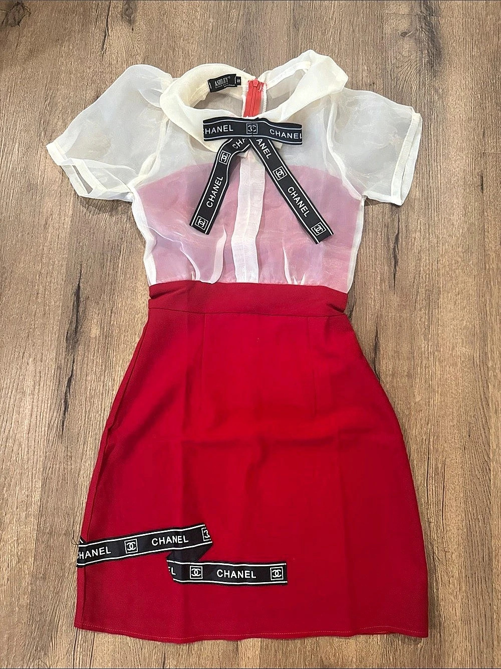 Ashley Replica Sheer Sleeve Mini Dress in Red
